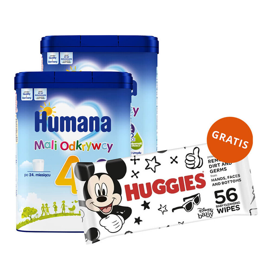 Set Humana 4 Little Explorers, lapte praf, după 24 luni, 2 x 650 g + șervețele umede, 56 gratuit