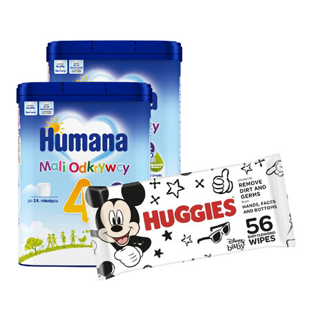 Set Humana 4 Little Explorers, lapte praf, după 24 luni, 2 x 650 g + șervețele umede, 56 gratuit