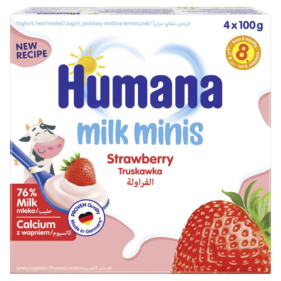 Humana Milk Minis Postre de yogur sabor fresa, a partir de 8 meses, 4 x 100 g