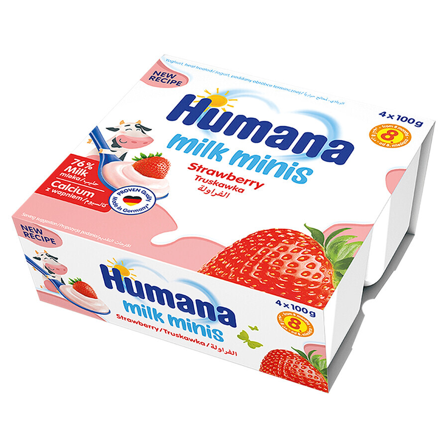 Humana Milk Minis Postre de yogur sabor fresa, a partir de 8 meses, 4 x 100 g