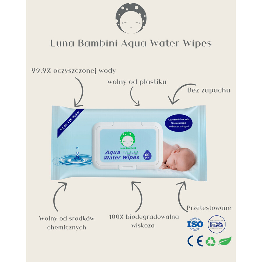 Luna Bambini Aqua Water Wipes, toallitas húmedas, agua, 50 piezas