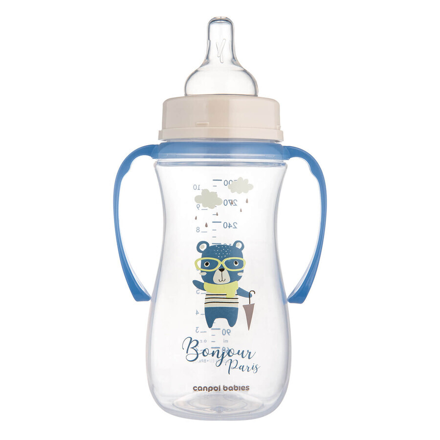 Canpol Babies Easy Start, biberón anticólico, boca ancha, con asas, Bonjur Paris, azul, a partir de 12 meses, 300 ml