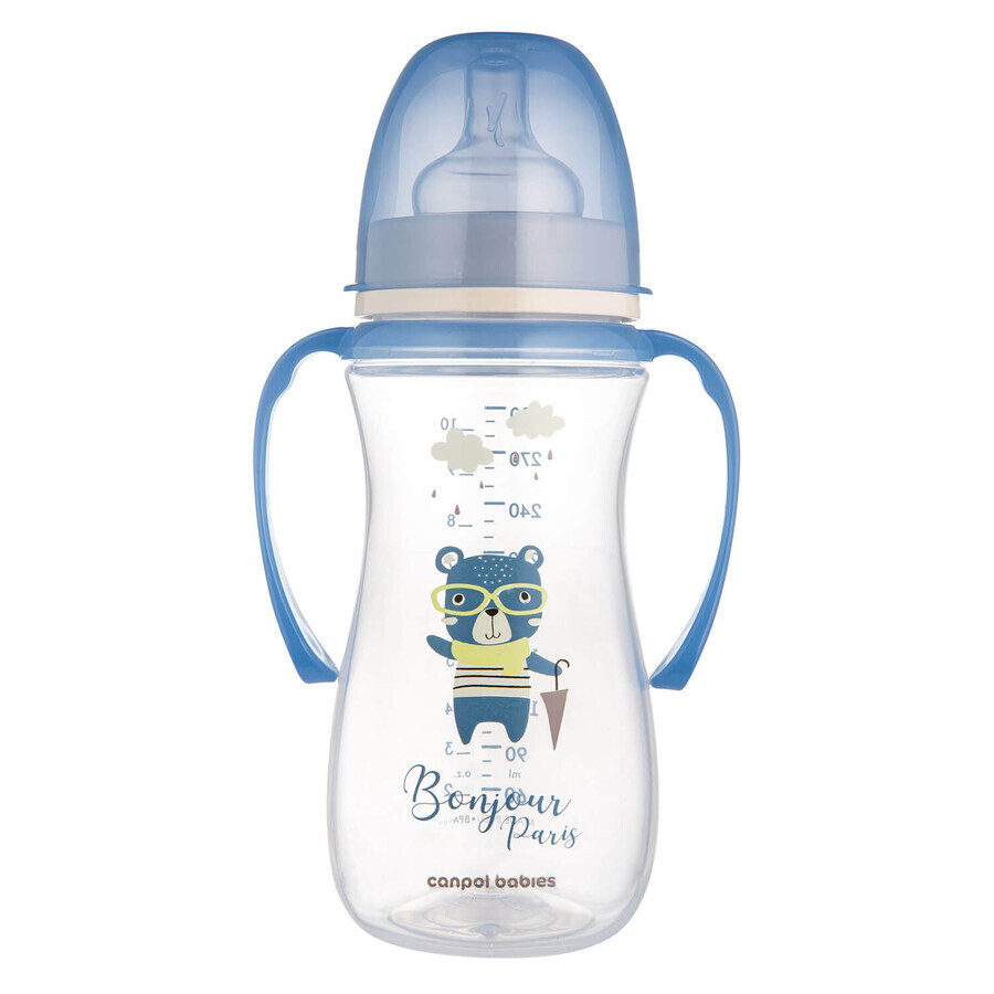 Canpol Babies Easy Start, biberón anticólico, boca ancha, con asas, Bonjur Paris, azul, a partir de 12 meses, 300 ml