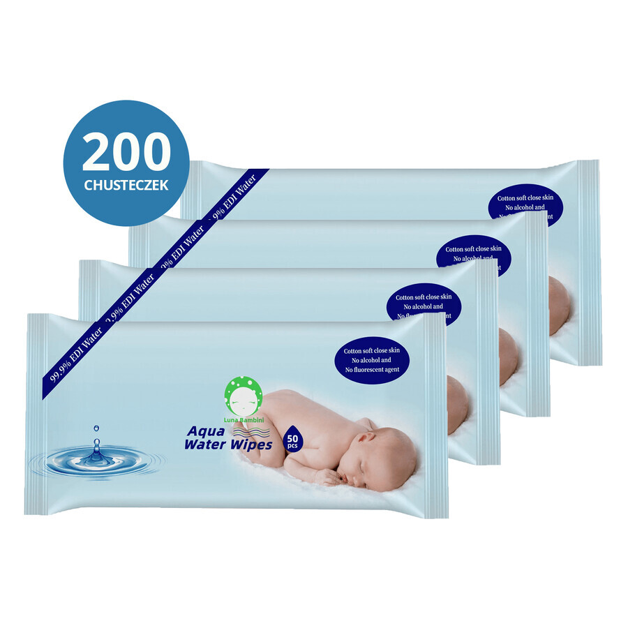 Luna Bambini Aqua Water Wipes set, toallitas húmedas, agua, 4 x 50 piezas