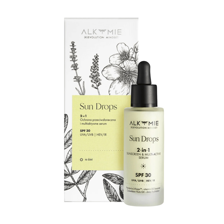 Alkmie Sun Drops 2en1, protección solar y sérum multiactivo, SPF 30, 30 ml