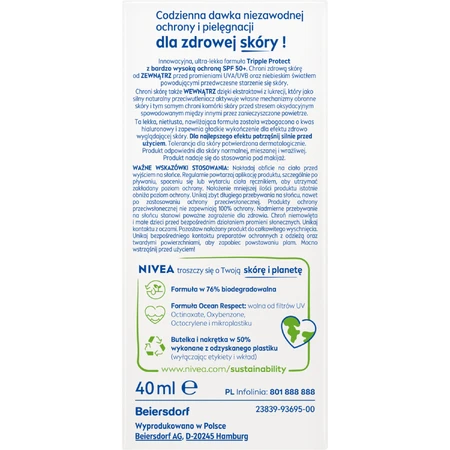 Nivea Sun Tripple Protect, fluido facial, FPS 50+, 40 ml