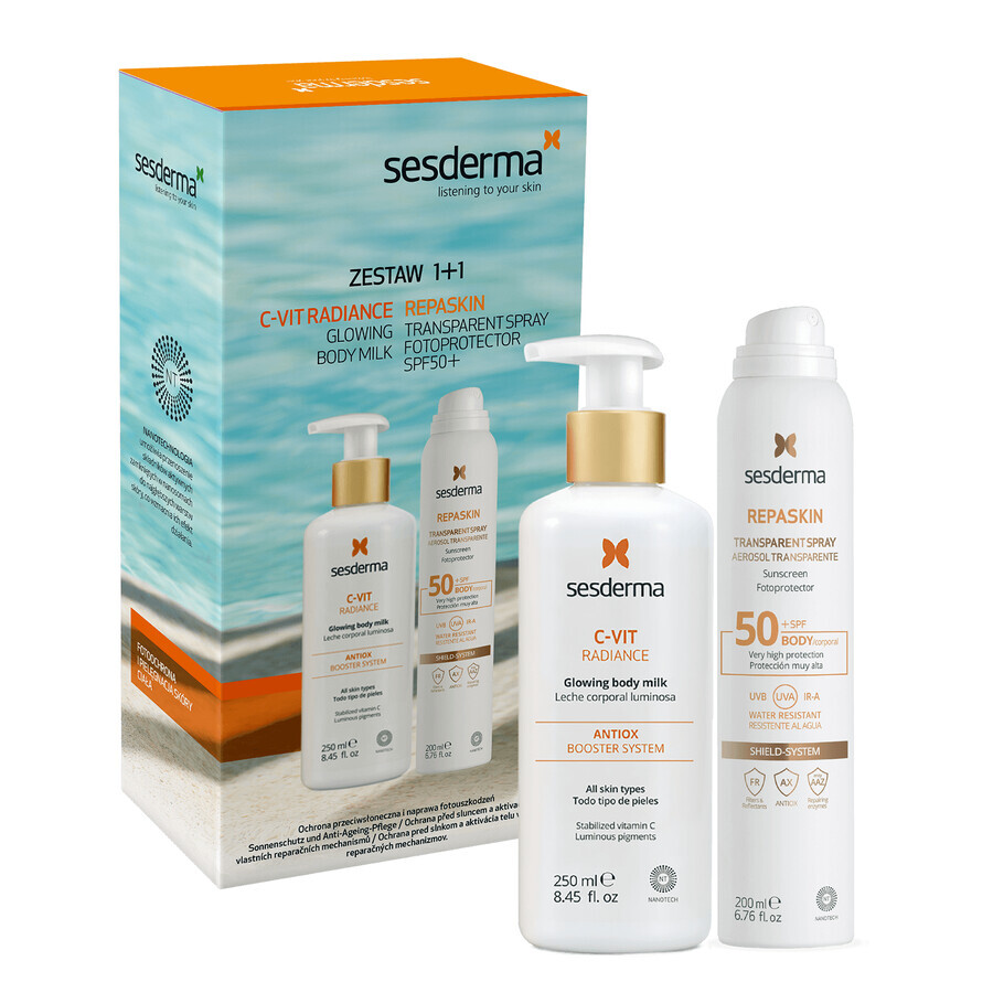 Set Sesderma, C-Vit Radiance, illuminating body milk, 250 ml + Repaskin, transparent sun protection spray, SPF 50, 200 ml