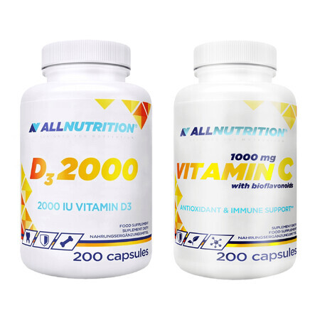 Allnutrition D3 2000 kit, 200 cápsulas + Vitamina C 1000 mg, 200 cápsulas