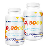 Set Allnutrition D3 8000, vitamina D 200 µg, 2 x 120 comprimidos