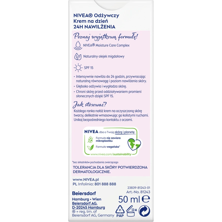Nivea 24h Hydration, cremă de zi hrănitoare, piele uscată și sensibilă, 50 ml