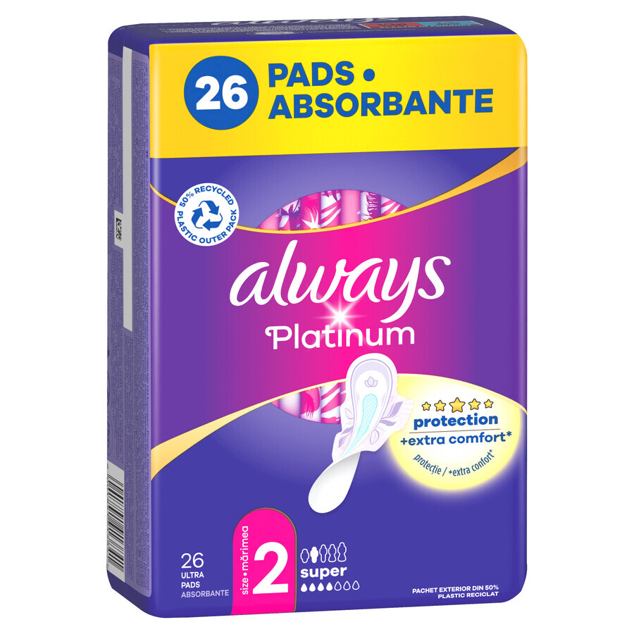 Always Platinum, compresas higiénicas con alas, talla 2, Super, 26 unidades