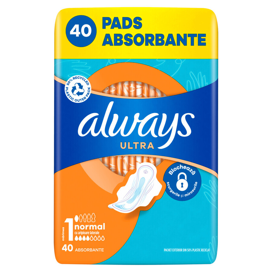 Always Ultra, toallas sanitarias con alas, talla 1, Normal, 40 unidades