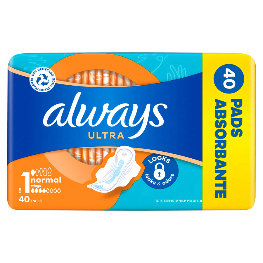 Always Ultra, toallas sanitarias con alas, talla 1, Normal, 40 unidades