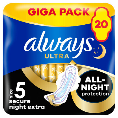 Always Ultra, serviettes hygiéniques avec ailettes, taille 5, Secure Night Extra, 20 pièces