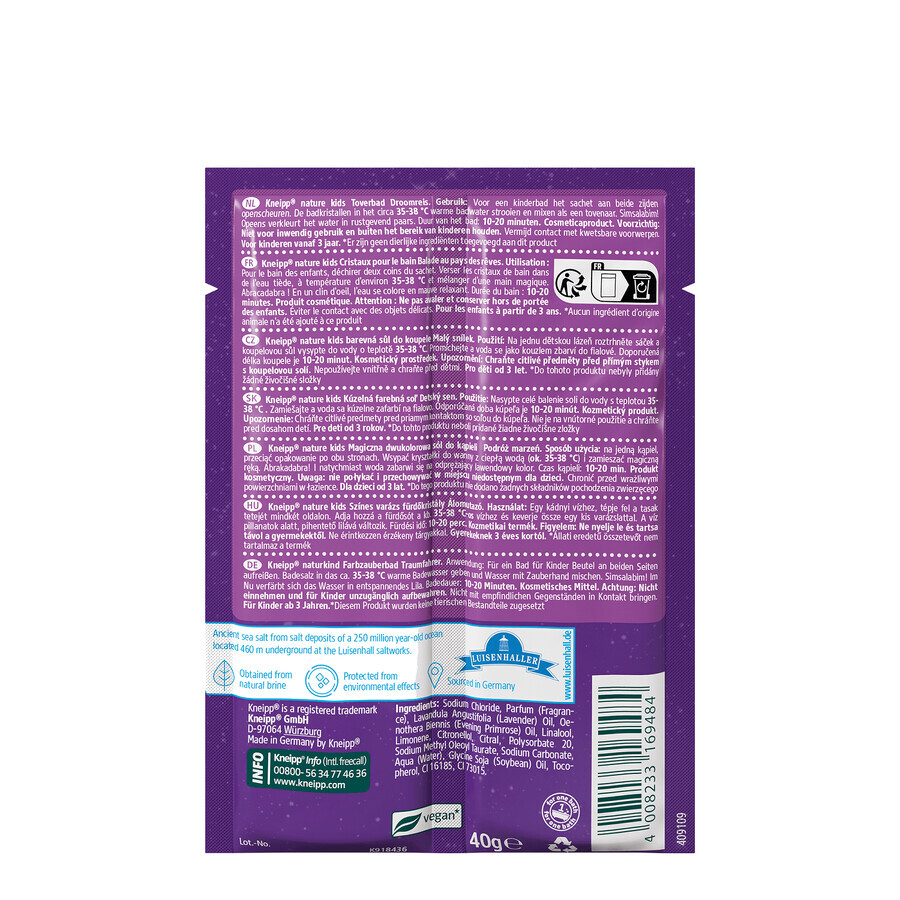 Kneipp Nature Kids Dream Journey, sal de baño mágica bicolor para niños, lavanda, 2 x 20 g