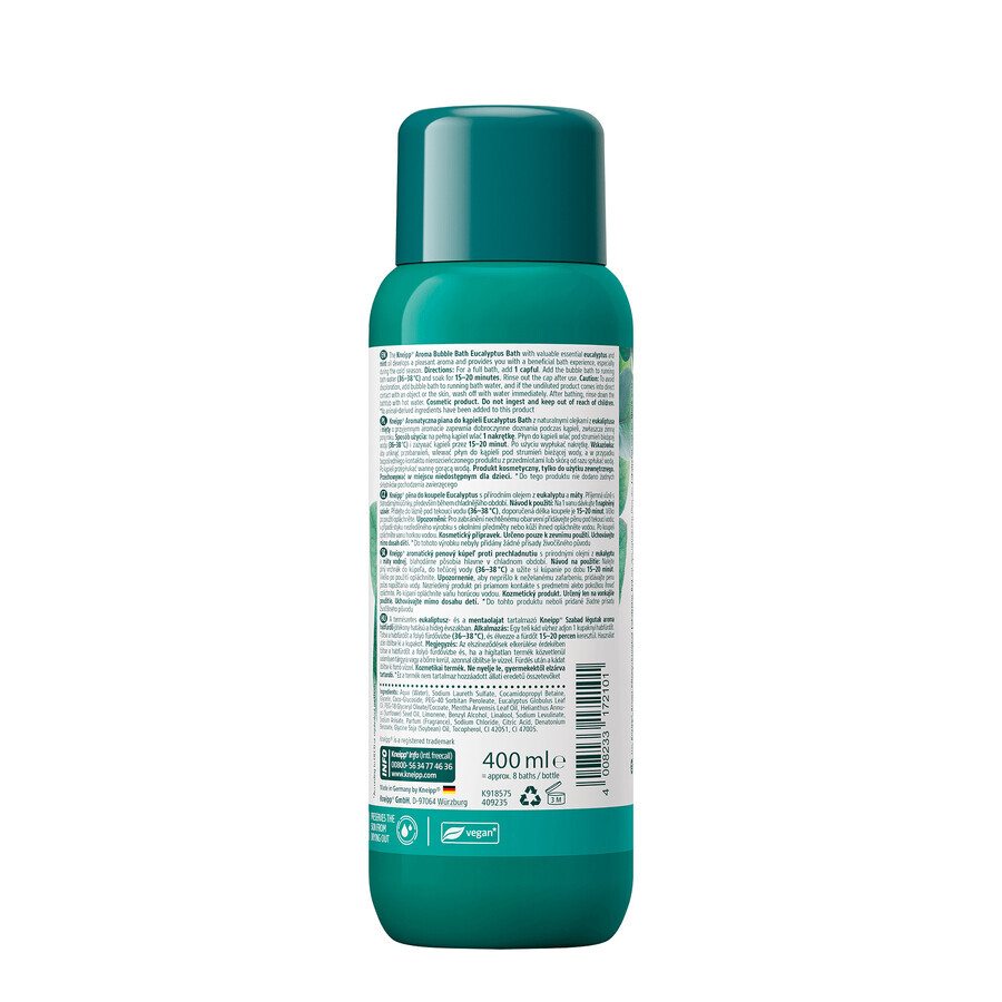 Kneipp Baño de Eucalipto, espuma de baño aromática, eucalipto y menta, 400 ml