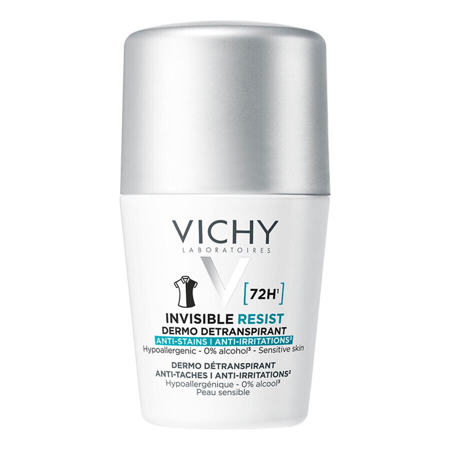 Vichy Invisible Resist, antitraspirante roll-on, contro le macchie sui vestiti, 50 ml