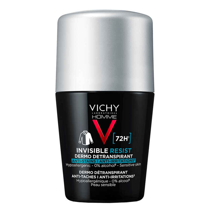 Vichy Homme Invisible Resist, antitranspirante roll-on para hombre, contra las marcas en la ropa, 50 ml