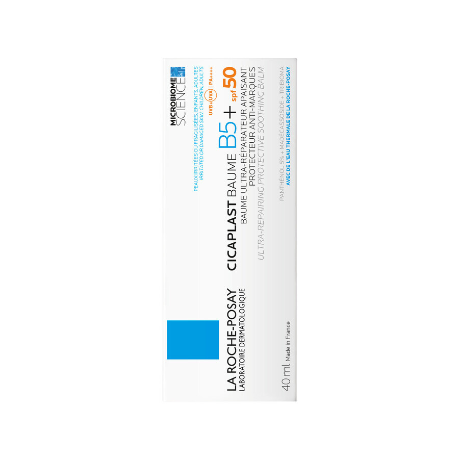 La Roche-Posay Cicaplast Baume B5+, bálsamo calmante regenerador para rostro y cuerpo contra la decoloración, SPF 50, 40 ml