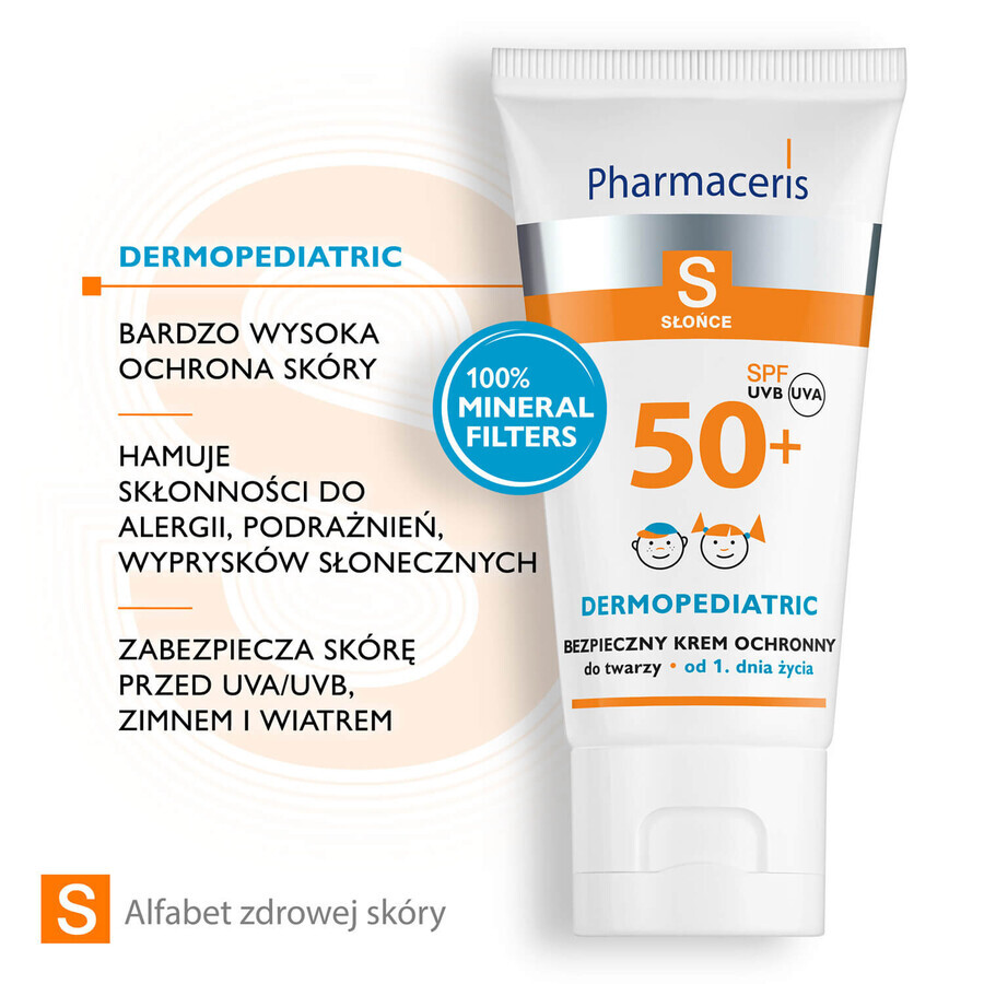 Pharmaceris S, crema facial protectora segura, desde el nacimiento, SPF 50+, 50 ml + Set, emulsión protectora solar, SPF 50+, 10 ml + crema, muestra gratis