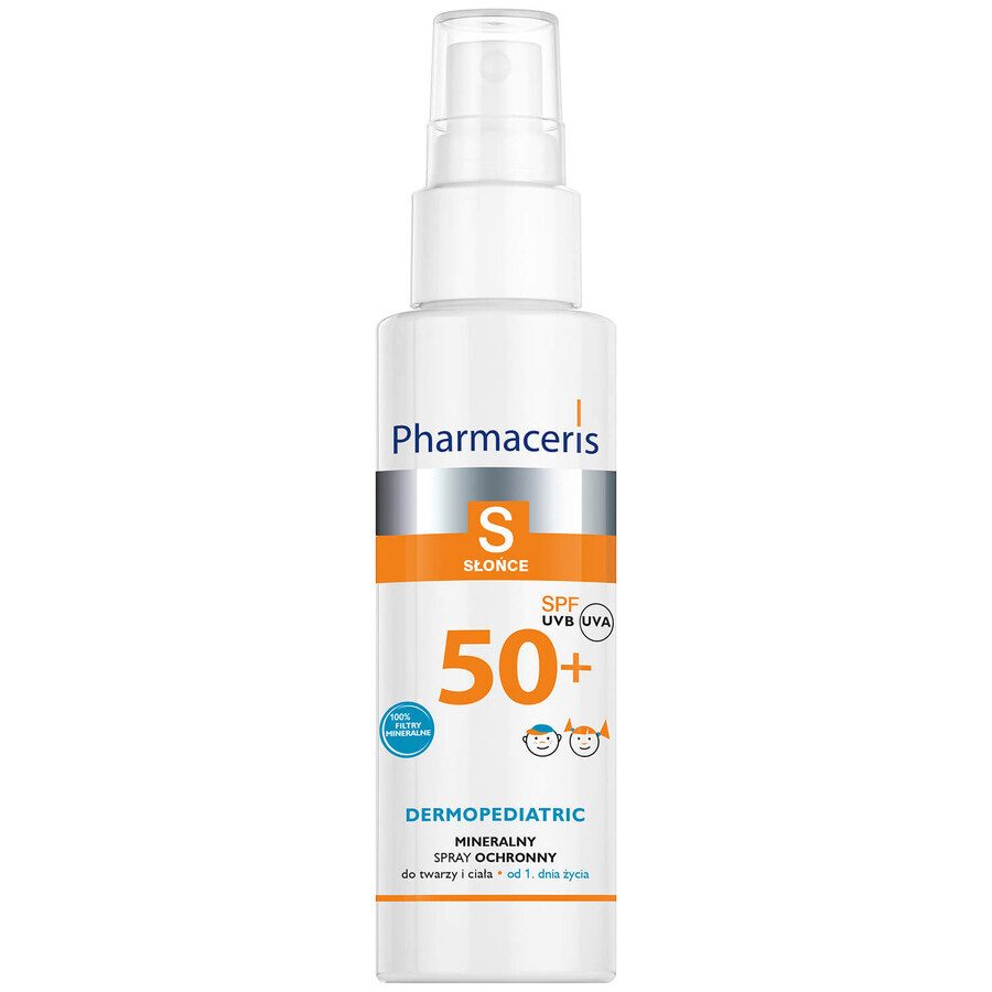 Pharmaceris S Dermopediatric, spray protector mineral, a partir del 1 día de edad, SPF 50+, 100 ml + Set, emulsión protectora solar, SPF 50+, 10 ml + crema, muestra gratis