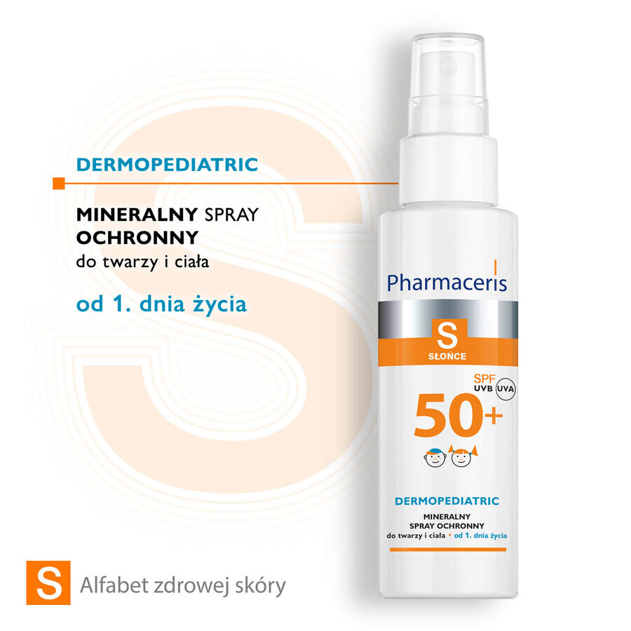 Pharmaceris S Dermopediatric, spray protector mineral, a partir del 1 día de edad, SPF 50+, 100 ml + Set, emulsión protectora solar, SPF 50+, 10 ml + crema, muestra gratis