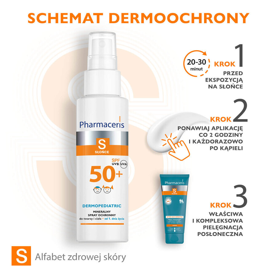 Pharmaceris S Dermopediatric, spray protector mineral, a partir del 1 día de edad, SPF 50+, 100 ml + Set, emulsión protectora solar, SPF 50+, 10 ml + crema, muestra gratis