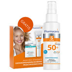 Pharmaceris S Dermopediatric, spray protector mineral, a partir del 1 día de edad, SPF 50+, 100 ml + Set, emulsión protectora solar, SPF 50+, 10 ml + crema, muestra gratis