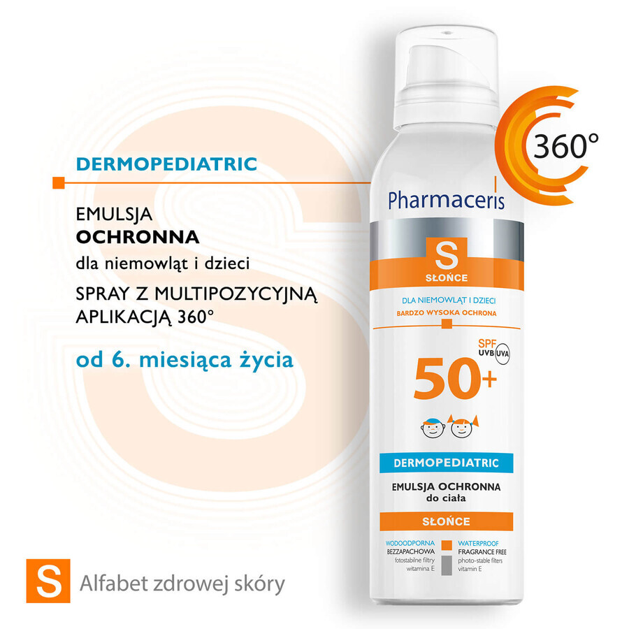 Pharmaceris S, emulsión protectora para bebés y niños, SPF 50+, 150 ml + Set, emulsión protectora solar, SPF 50+, 10 ml + crema, muestra gratis