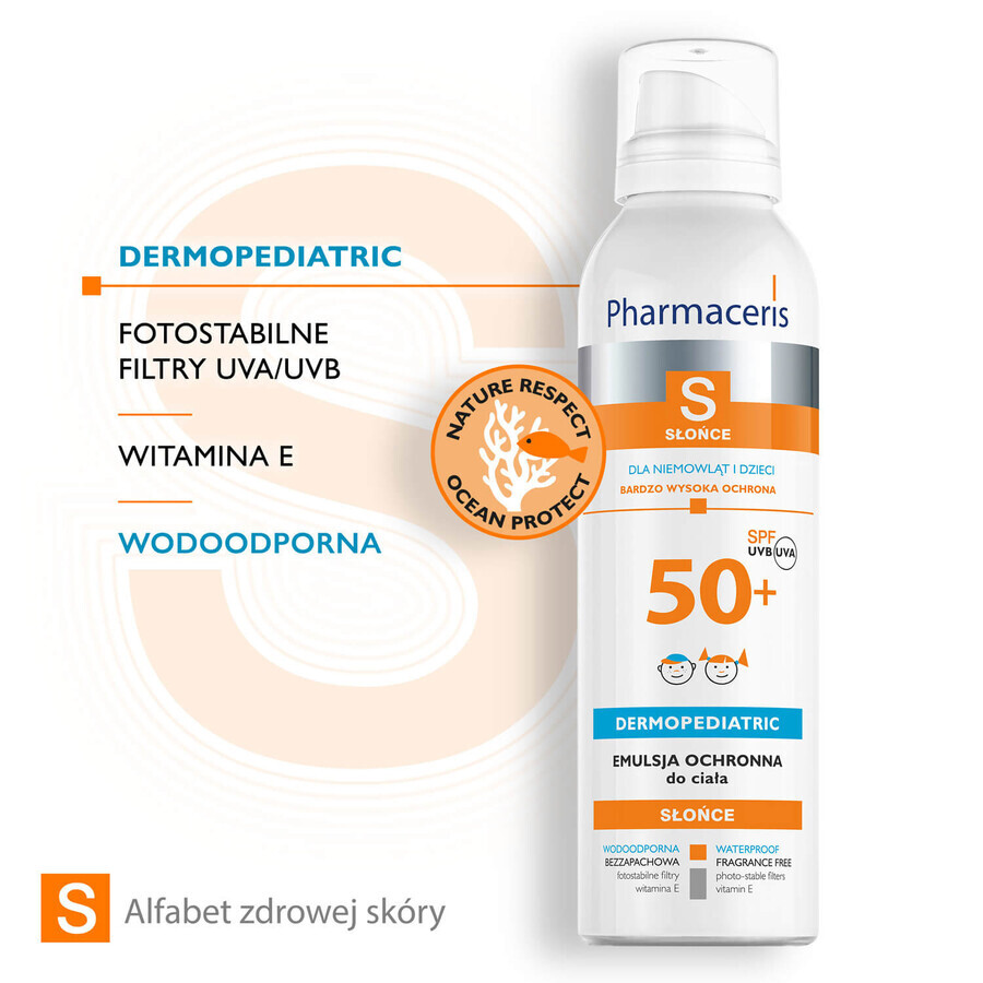 Pharmaceris S, emulsión protectora para bebés y niños, SPF 50+, 150 ml + Set, emulsión protectora solar, SPF 50+, 10 ml + crema, muestra gratis