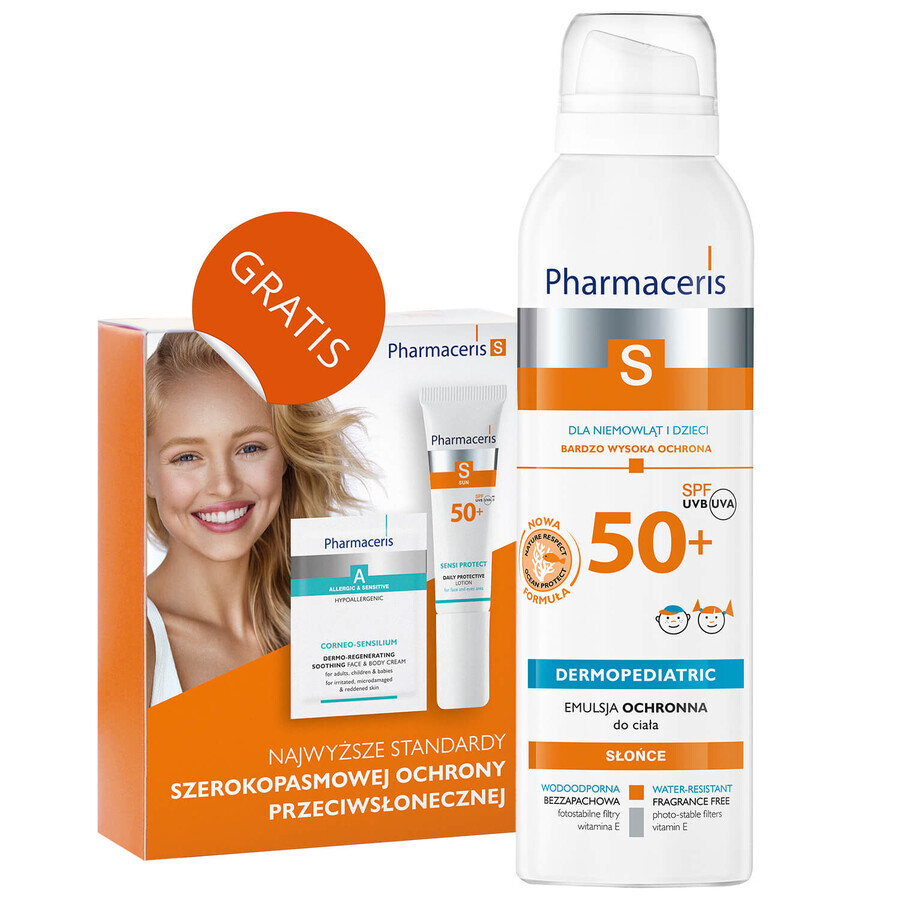 Pharmaceris S, emulsión protectora para bebés y niños, SPF 50+, 150 ml + Set, emulsión protectora solar, SPF 50+, 10 ml + crema, muestra gratis