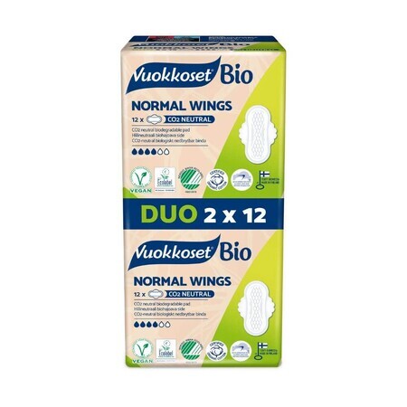 Vuokkoset Bio, sanitary napkins with wings, Normal wings, 2 x 12 pcs