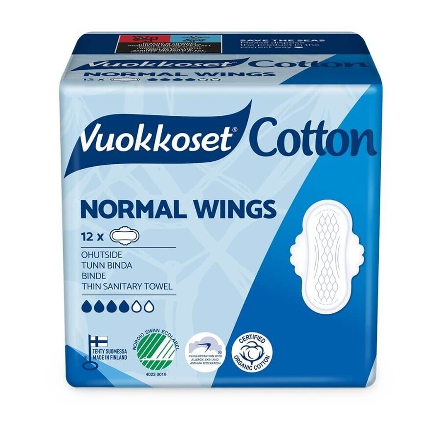 Vuokkoset Cotton, sanitary napkins with wings, Normal wings, 12 pcs