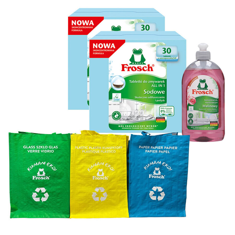 Set Frosch, All In 1 tablettes pour lave-vaisselle, soda, 2 x 30 pcs + concentré pour lave-vaisselle, framboise, 500 ml + sacs de recyclage, 3 pièces gratuites