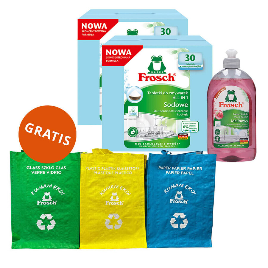 Set Frosch, All In 1 tablettes pour lave-vaisselle, soda, 2 x 30 pcs + concentré pour lave-vaisselle, framboise, 500 ml + sacs de recyclage, 3 pièces gratuites