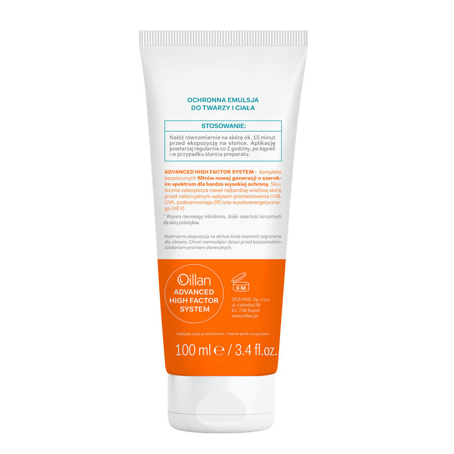 Oillan Sun, emulsión protectora para rostro y cuerpo, SPF 50, 100 ml + pelota de playa de regalo