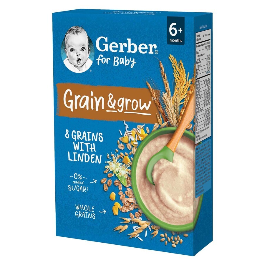 Gerber Grain & Grow Papilla 8 cereales con lima, sin lácteos, sin azúcares añadidos, a partir de 6 meses, 200 g