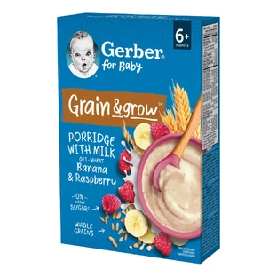 Gerber Grain &amp; Grow Terci de ovăz și grâu, banane, zmeură, lapte, fără zahăr adăugat, după 6 luni, 200 g