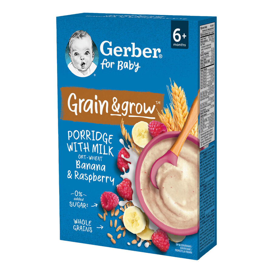 Gerber Grain & Grow Gachas de avena y trigo, plátano, frambuesa, leche, sin azúcar añadido, a partir de 6 meses, 200 g