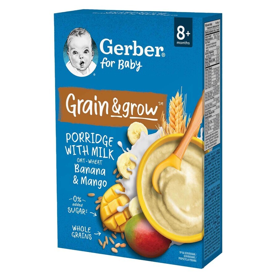 Gerber Grain &amp; Grow Terci de ovăz și grâu, banane, mango, lapte, fără zahăr adăugat, după 8 luni, 200 g