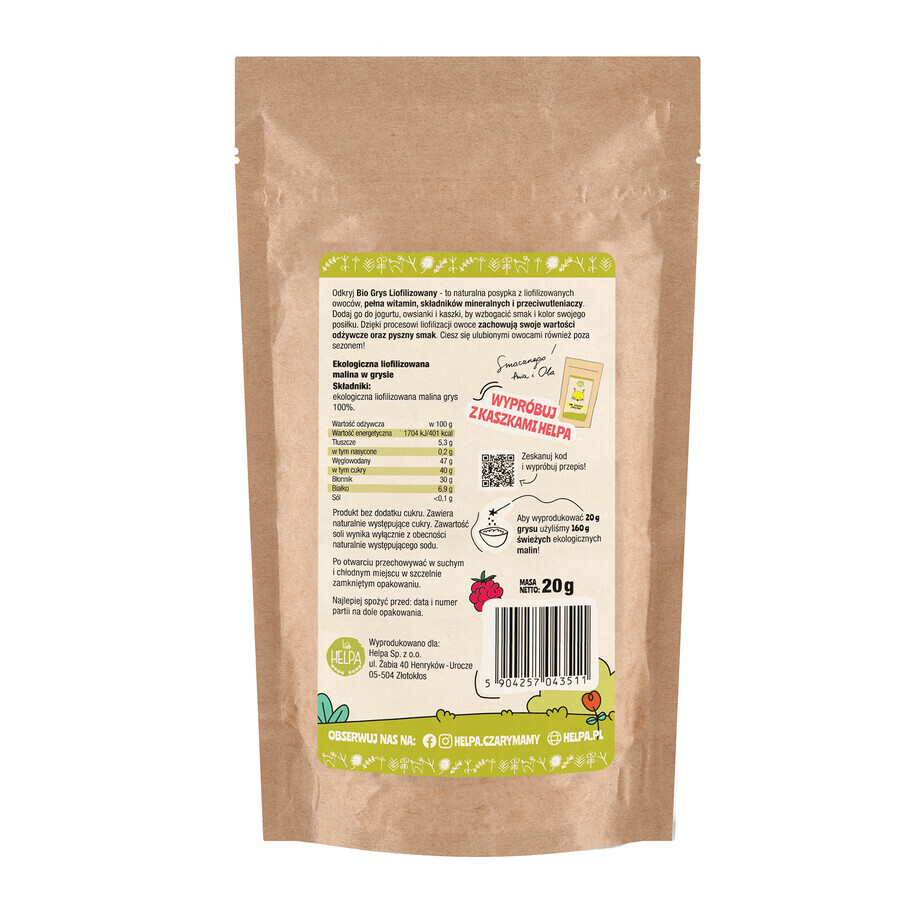 Helpa Bio Freeze-dried semolina, raspberry spots, 20 g