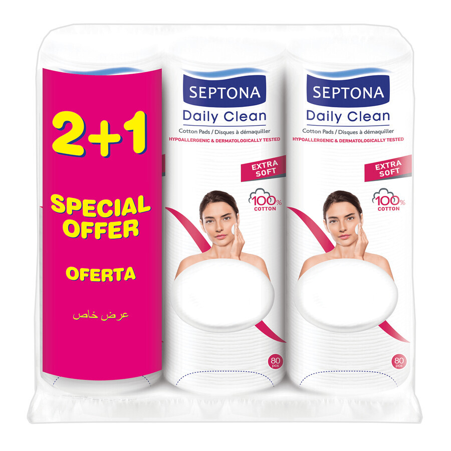 Septona, almohadillas cosméticas de algodón, extra suave, 2+1, 240 piezas