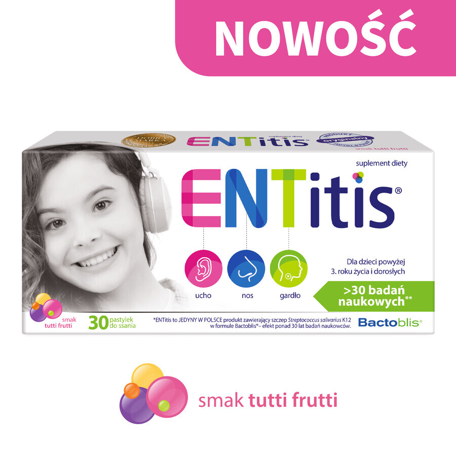 ENTitis para niños mayores de 3 años, sabor tutti frutti, 30 pastillas