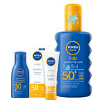 Nivea Sun Kids Protect &amp; Care set, spray protector para niños, SPF 50+, 200 ml + crema facial protectora, SPF 50, 50 ml + bronceador, SPF 30, 30 ml gratis