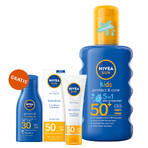 Nivea Sun Kids Protect &amp; Care set, spray protector para niños, SPF 50+, 200 ml + crema facial protectora, SPF 50, 50 ml + bronceador, SPF 30, 30 ml gratis