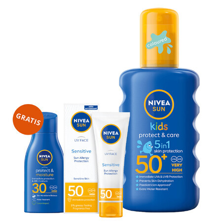 Nivea Sun Kids Protect &amp; Care set, spray protector para niños, SPF 50+, 200 ml + crema facial protectora, SPF 50, 50 ml + bronceador, SPF 30, 30 ml gratis