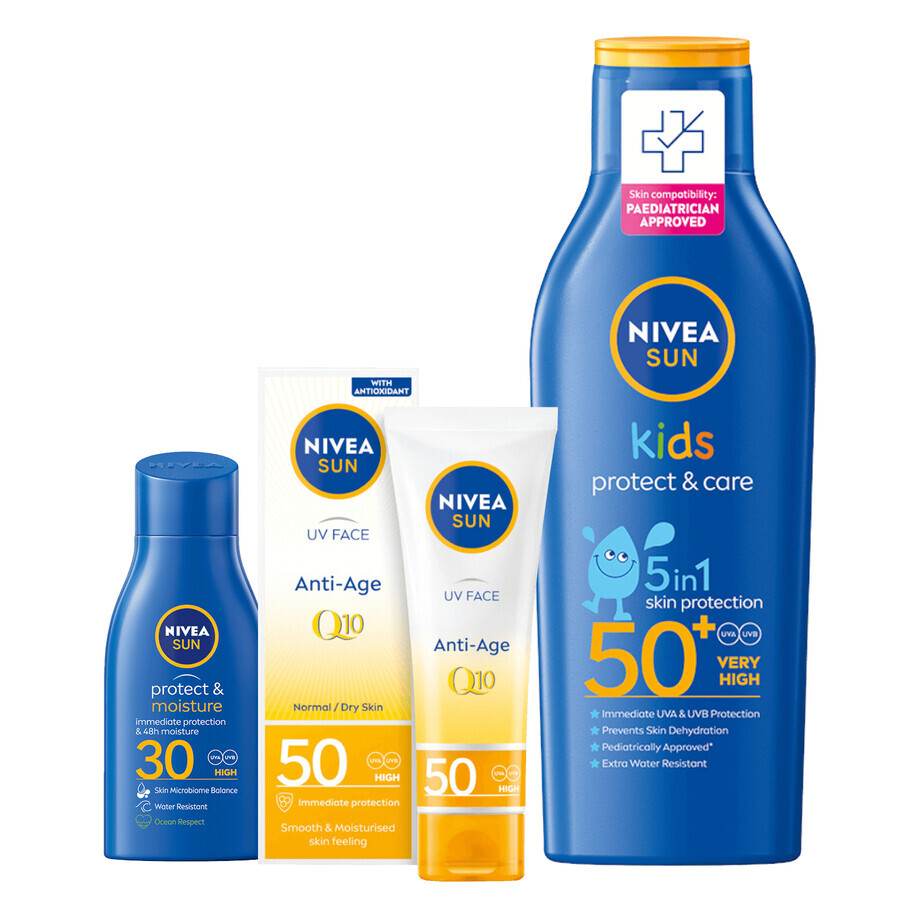 Nivea Sun Kids Protect & Care Set, Loción Solar 5en1, FPS 50+, 200 ml + Crema Antiedad con FPS 50, 50 ml + Loción Solar, FPS 30, 30 ml gratis