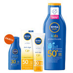 Nivea Sun Kids Protect & Care Set, Loción Solar 5en1, FPS 50+, 200 ml + Crema Antiedad con FPS 50, 50 ml + Loción Solar, FPS 30, 30 ml gratis