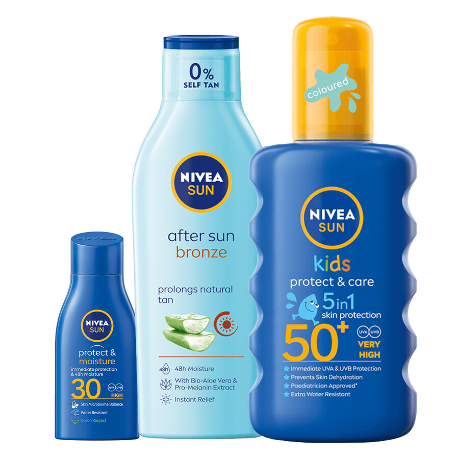 Nivea Sun Kids Protect &amp; Care set, spray protector para niños, SPF 50+, 200 ml + loción para después del sol prolongando el bronceado, 200 ml + loción solar, SPF 30, 30 ml gratis