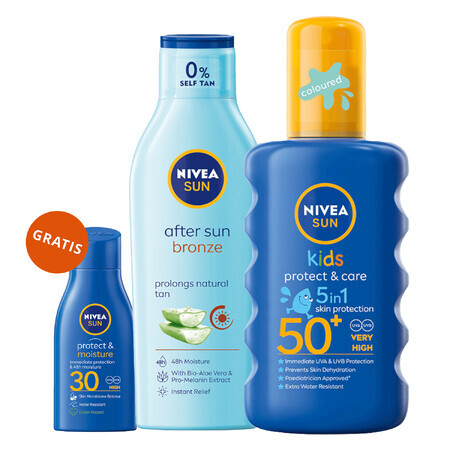 Nivea Sun Kids Protect &amp; Care set, spray protector para niños, SPF 50+, 200 ml + loción para después del sol prolongando el bronceado, 200 ml + loción solar, SPF 30, 30 ml gratis